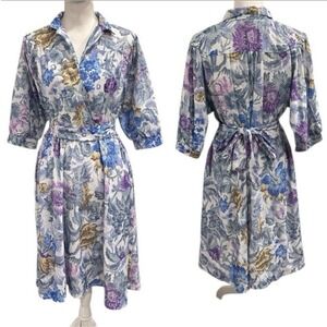 VTG 80s California Looks Floral Faux Wrap Dress Blue Purple Gold Midi Cottage M